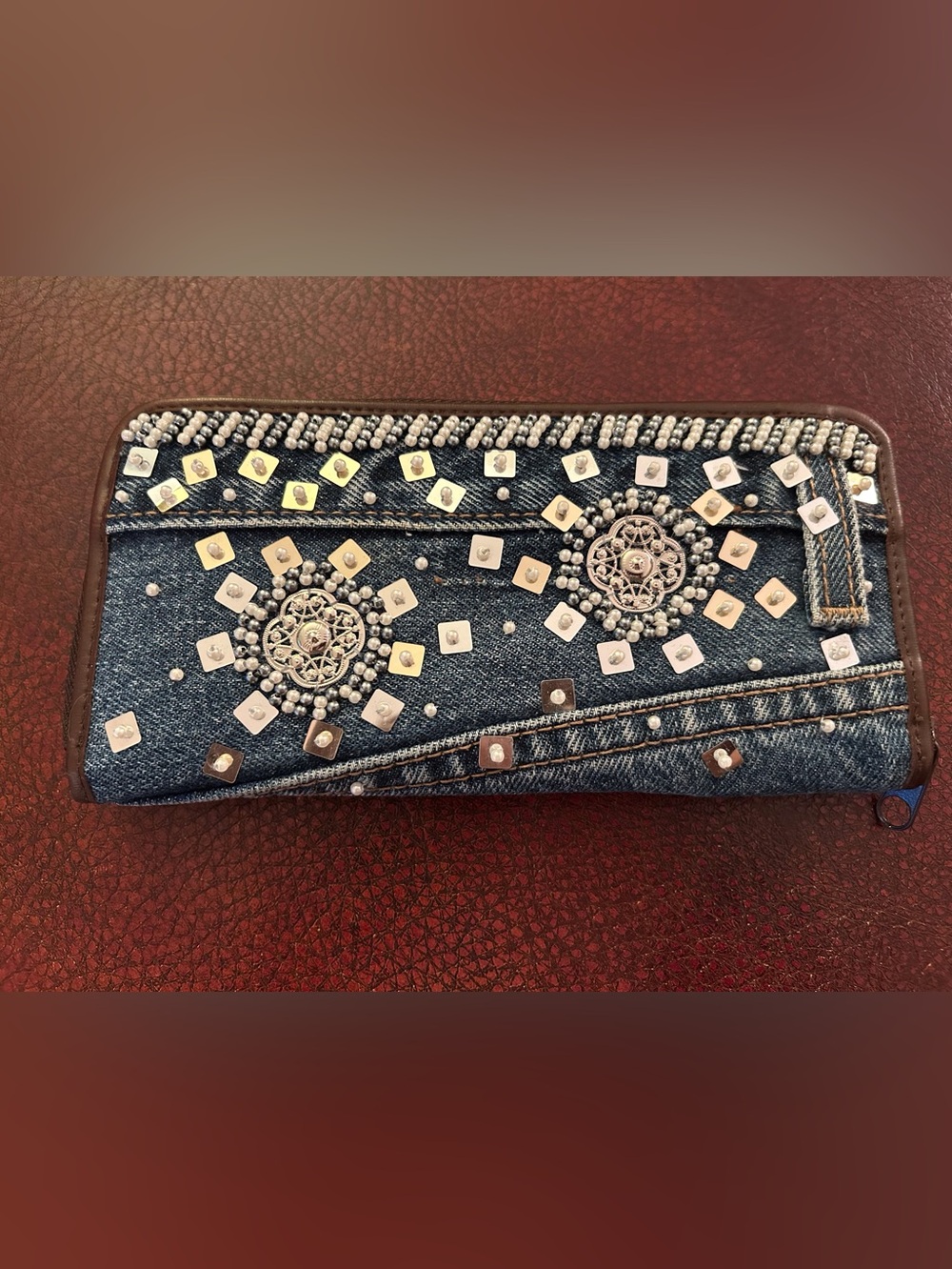 Hand & Heart Embellished Denim Zip-Around Wallet
